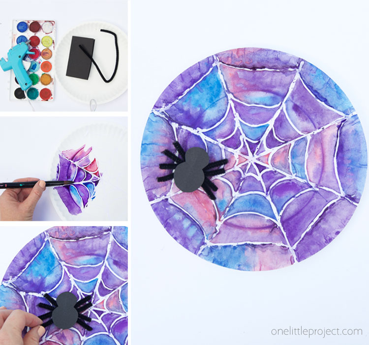 This watercolor kids art project webs use hot glue and paint to create beautiful spider webs!