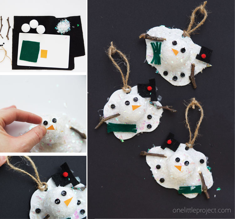 These melted snowman ornaments use faux snow and styrofoam balls to create the cutest snowman craft ever!