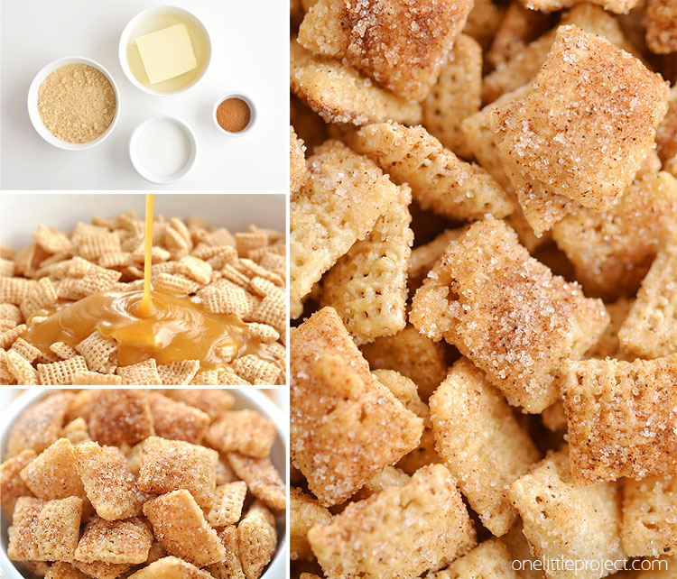 This cinnamon sugar chex mix is SO GOOD. It's super easy to make, and the buttery crunch is insanely addictive! Such an awesome snack idea for parties, Christmas, Super Bowl, school snacks, mid-afternoon cravings, everything! It's Churro Chex Mix - So good!