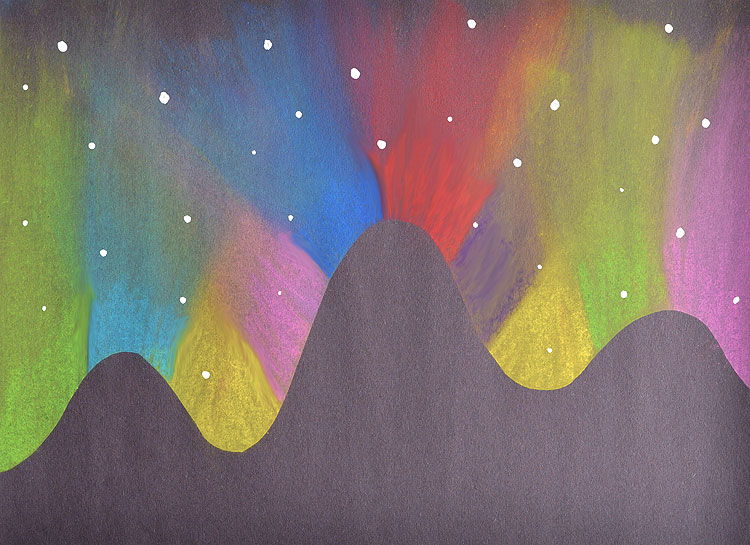 This simple northern lights chalk art project for kids is so much fun and makes such a gorgeous glowing sky over the mountains! It's a perfect activity for a snow day and also easy enough for a teacher to make with the entire class at school.
