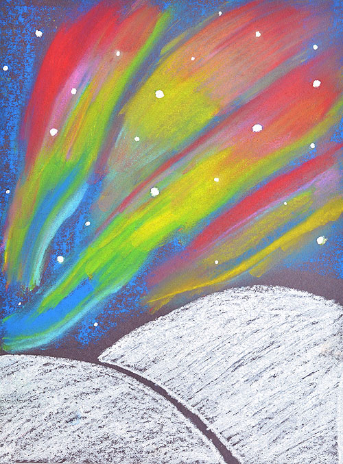 This simple northern lights chalk art project for kids is so much fun and makes such a gorgeous glowing sky over the mountains! It's a perfect activity for a snow day and also easy enough for a teacher to make with the entire class at school.
