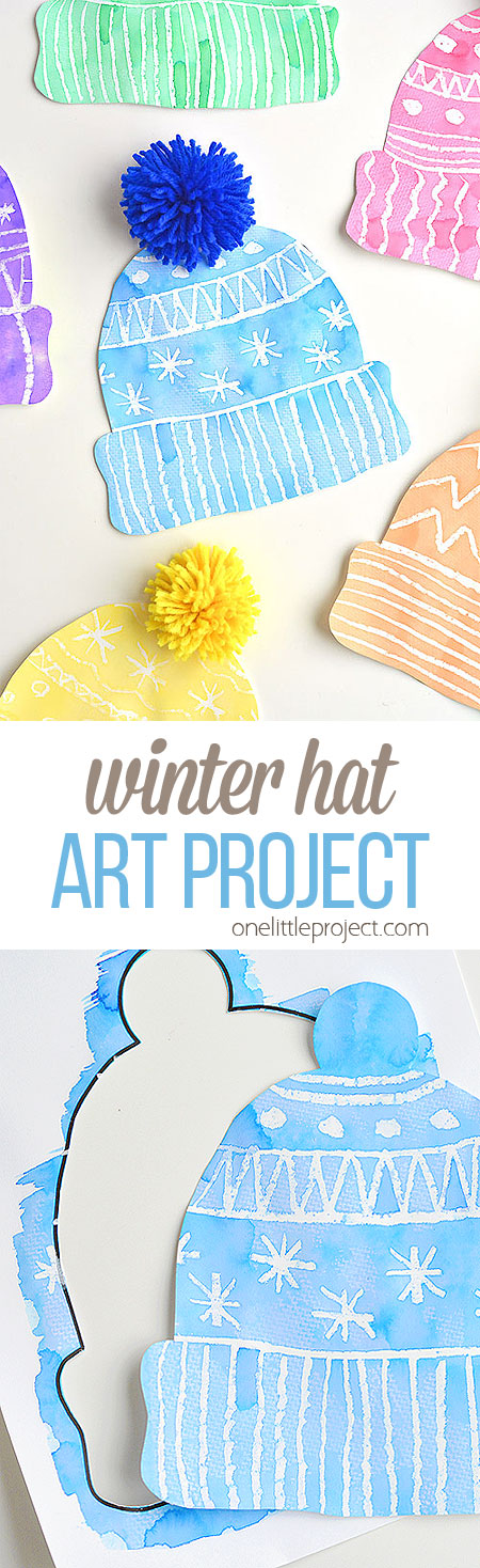 This winter hat art project for kids is such a fun winter craft idea! Use the free printable winter hat template to have a fun day of crafting at home or in the classroom! This process art idea lets you experiment with creating texture in watercolor and shows the magic of painting over crayon with watercolour paint! There's even instructions for making a DIY yarn pom pom!