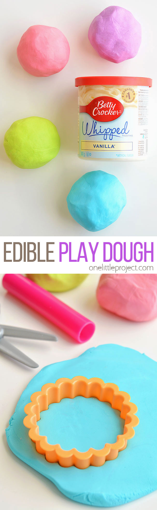 This edible frosting play dough makes PERFECT play dough! And with only 2 ingredients it's really easy to make! The recipe makes super soft dough that's easy to work with and it's completely safe to eat - and there's no cooking involved! Made with store bought icing, it's a super simple activity for the kids to try!