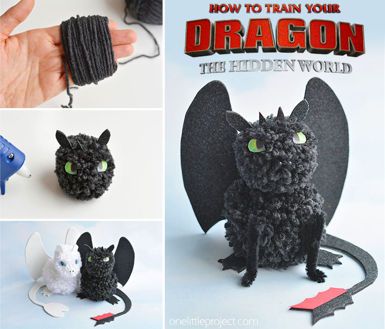 These pom pom dragons, inspired by How to Train Your Dragon: The Hidden World (in theaters February 22) are so fun! You can easily make Toothless and Light Fury at home with a few simple materials. They're super cute, simple to make and the kids loved playing with them! It's so easy to make pom poms just by wrapping yarn around your fingers! #HowToTrainYourDragon