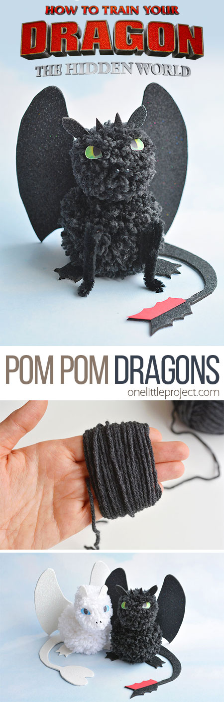 These pom pom dragons, inspired by How to Train Your Dragon: The Hidden World are so fun! You can easily make Toothless and Light Fury at home with a few simple materials. They're super cute, simple to make and the kids loved playing with them! It's so easy to make pom poms just by wrapping yarn around your fingers! #HowToTrainYourDragon