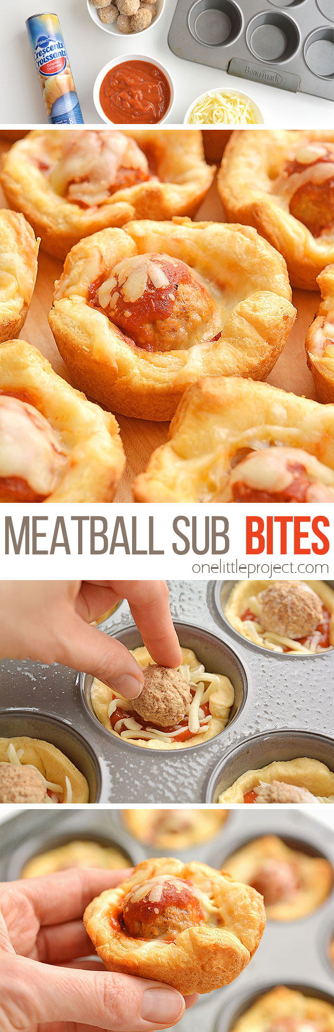 These meatball sub bites are sooooo good and they're crazy simple to make! They'd make an awesome appetizer (superbowl maybe?), or even just a different and fun lunch to switch things up a bit. I'm all about non-sandwich lunches and these taste amazing! This is a simple snack idea that you can make in less than 30 minutes with only 4 ingredients!