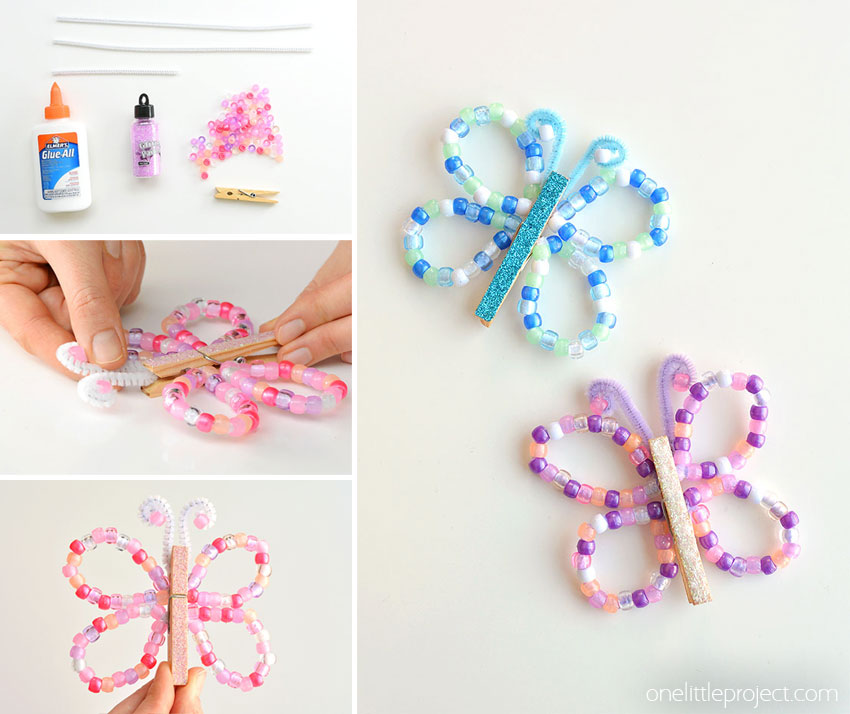 These beaded pipe cleaner butterflies are SO PRETTY and they're really easy to make! This is a great kids craft for spring or summer! Using pipe cleaners, pony beads and clothespins you can make beautiful butterflies in different colours! And best of all, the kids can play with them when they're done!