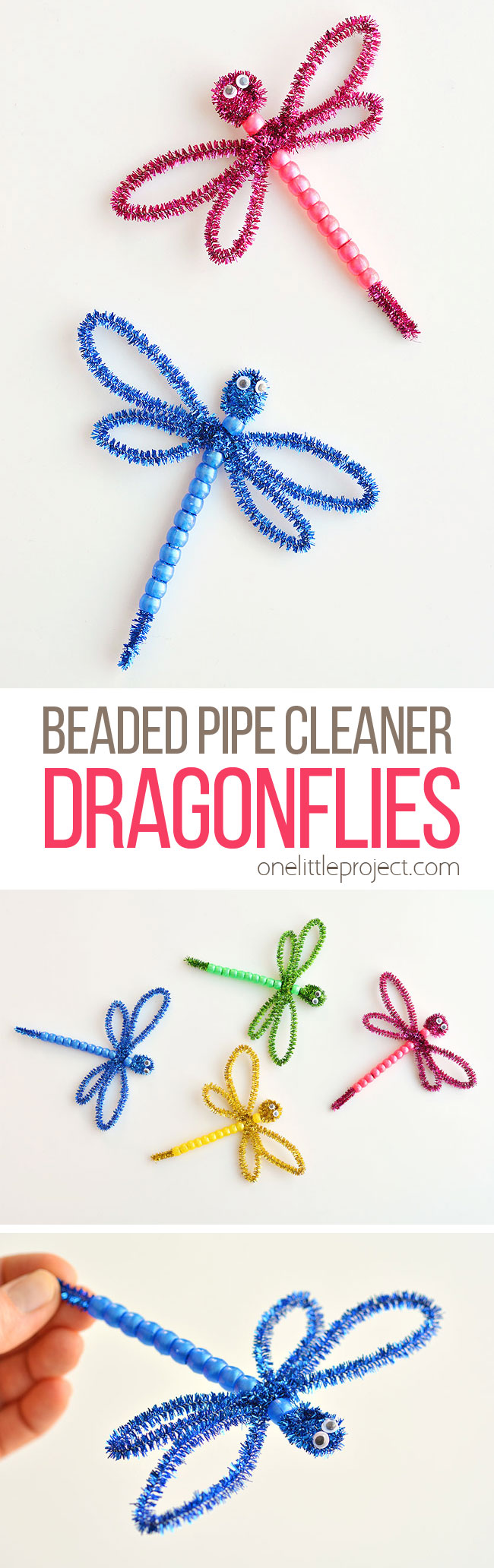 These beaded pipe cleaner dragonflies are SO CUTE! And they're so easy to make! All you need are pipe cleaners, plastic pony beads and googly eyes and you can whip one up in less than 5 minutes! This is such a fun kids craft that they can actually play with when they're done! A great kids activity for spring and summer!