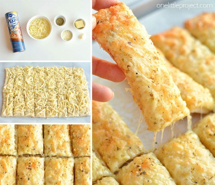 These cheesy garlic breadsticks are so easy to make and they taste SO GOOD! They take less than 20 minutes from start to finish and go really well with your favorite soups and salads. You can even serve them on their own with a little bowl of marinara sauce. This is such an easy, awesome and super delicious side dish recipe that uses Pillsbury refrigerated pizza crust. 