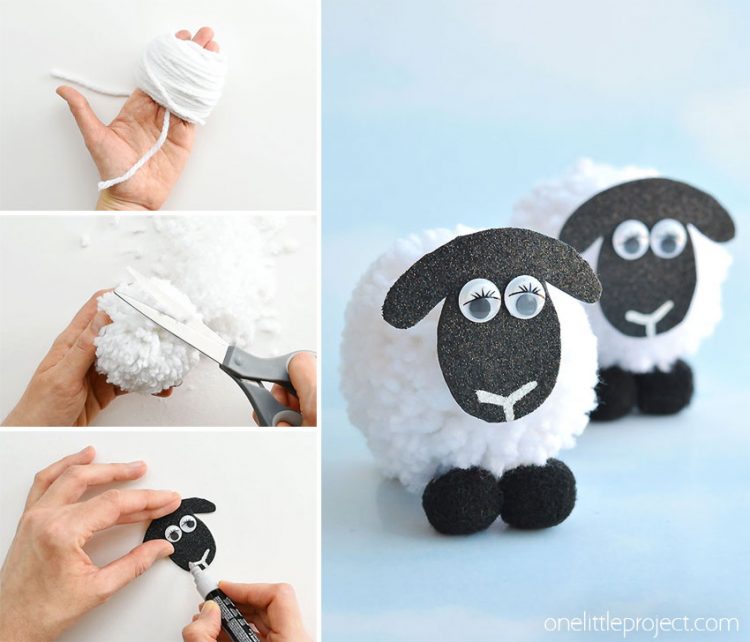 These pom pom sheep are SO CUTE and they're really simple to make! It's so easy to make DIY pom poms from yarn just by using your hands! This is such a fun kids craft for spring, or even Easter! I love that it uses such simple craft supplies. Pom pom crafts are the best!