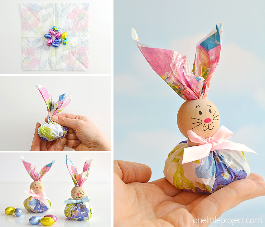These paper napkin bunny favors are SO CUTE! And they're really easy to make! With dollar store paper napkins and foil covered chocolate eggs you can make adorable Easter treats to give away to the kids, grandkids or even to the classroom at school! They'd even make super cute decorations for the Easter table. This is such a fun and simple Easter craft idea.