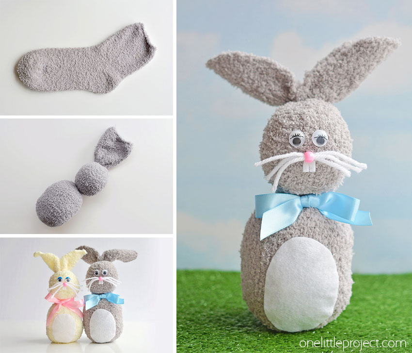 These no-sew sock bunnies are SO EASY to make and they're sooooo cute! Each one takes less than 20 minutes to make using simple dollar store materials. This is such a fun Easter craft idea for the kids and such a great way to make an easy stuffed animal! No fancy equipment or special skills required!