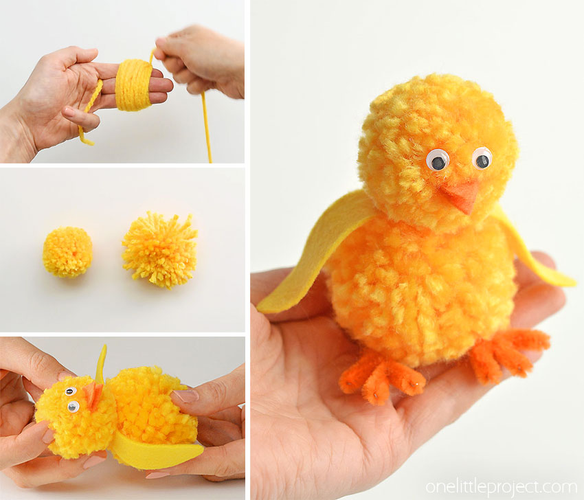 These pom pom chicks are SO CUTE for spring time! This is such a cute Easter craft idea for kids! They'd look super cute as a decoration on the Easter table, or just a festive spring craft to make with the kids on a rainy day. You don't need any special tools to make the DIY pom poms, just your hands! Each one takes less than 15 minutes to make using simple craft supplies. The kids will love playing with them when you're done!