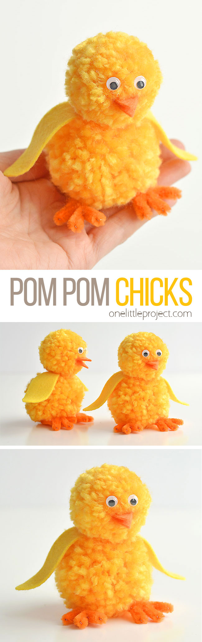 These pom pom chicks are SO CUTE for spring time! This is such a cute Easter craft idea for kids! They'd look super cute as a decoration on the Easter table, or just a festive spring craft to make with the kids on a rainy day. You don't need any special tools to make the DIY pom poms, just your hands! Each one takes about 15 minutes to make using simple craft supplies. The kids will love playing with them when you're done!