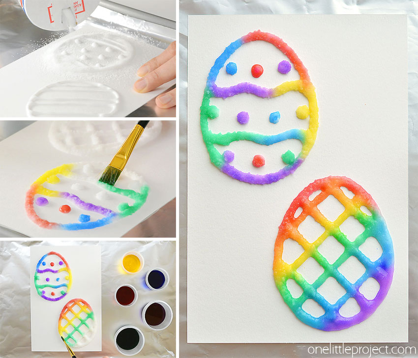 These salt painted Easter eggs are such a fun and easy craft idea for spring time! With a little bit of salt and glue you end up with colorful puffy paint like shapes with an awesome texture! They even stay puffy after they dry. Cut out the eggs to make an Easter basket craft, or you can make cute DIY Easter cards! This is such a great Easter craft for kids!