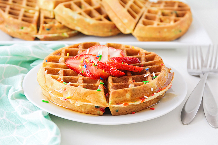 These cake batter waffles taste just like birthday cake, but in waffle form! They're perfect for birthdays, or just any time you need a special breakfast!