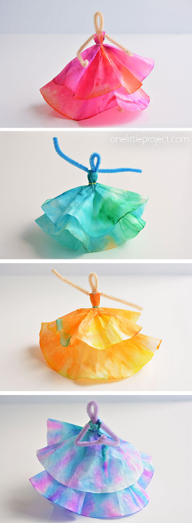These coffee filter dancers are SO PRETTY! And all you need are markers, coffee filters and pipe cleaners. This is such a great coffee filter craft and a super fun craft for kids - I love crafts that the kids can play with when they're done. Kids love colouring the coffee filters and then watching the science magic that happens when the colours bleed together. I can't believe you can make something so beautiful from coffee filters! 
