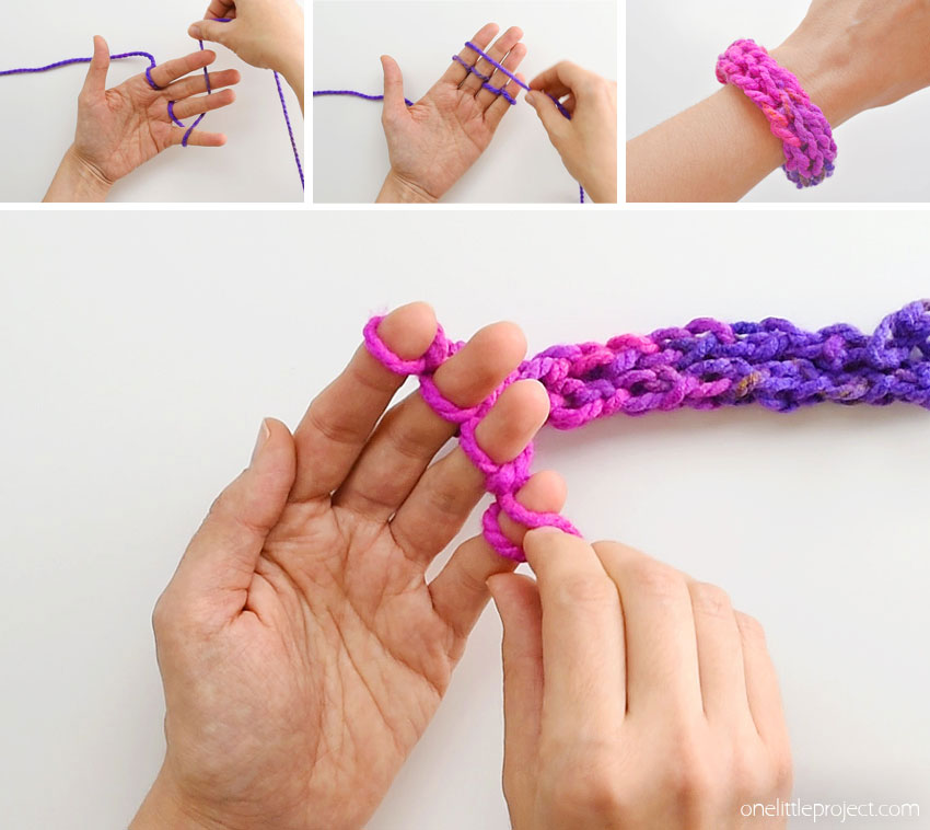 Finger knitting is such a fun and easy craft for kids! This kids activity (it's also a fun craft for adults!) is a great way to make friendship bracelets, necklaces or even headbands. It's super simple and kids can do it by themselves. In less than 15 minutes you can learn how to finger knit AND make your first bracelet! All you need is yarn and your hands!