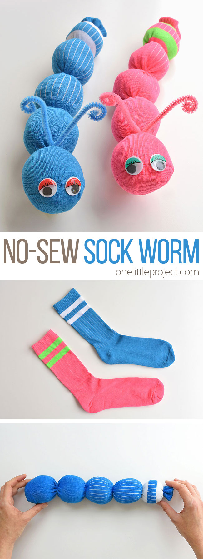 These no-sew sock worms are SO EASY to make and the kids love them! Or maybe they're sock caterpillars? Either way, this is such a fun kids craft and it's easy enough that the kids can actually make it themselves. It takes less than 10 minutes to make each one using just a few simple supplies from the dollar store. Such a fun way to use those mismatched socks!