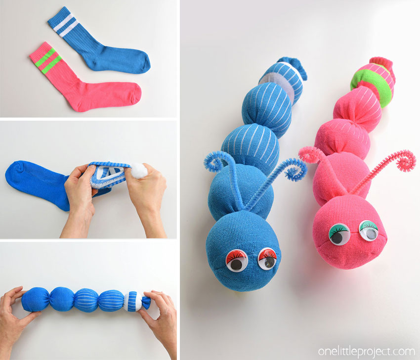 These no-sew sock worms are SO EASY to make and the kids love them! Or maybe they're sock caterpillars? Either way, this is such a fun kids craft and it's easy enough that the kids can actually make it themselves. It takes less than 10 minutes to make each one using just a few simple supplies from the dollar store. Such a fun way to use those mismatched socks!