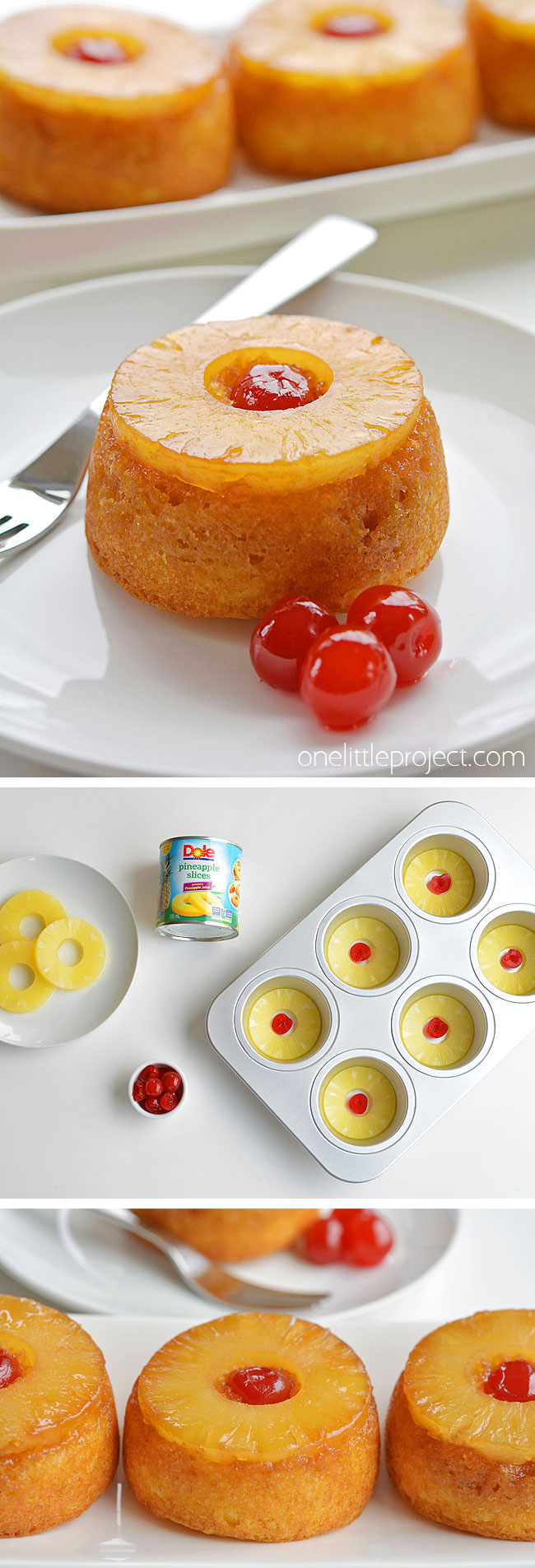 These mini pineapple upside down cakes are so pretty and they're REALLY SIMPLE to make! This is such an easy dessert recipe that is simple enough to make at the last minute on a weeknight but beautiful (and DELICIOUS!) enough to serve to guests! That warm, gooey glaze that comes out with the pineapple is soooooo good!!
