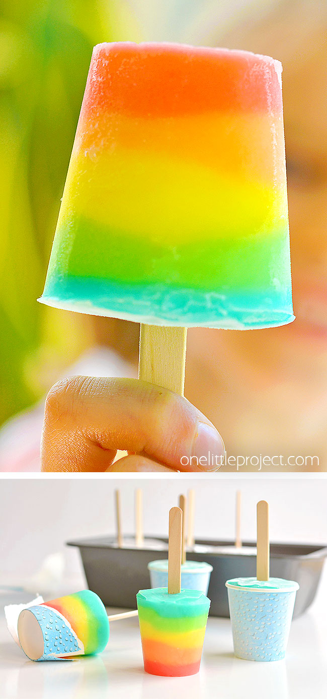 These easy rainbow popsicles are so fun and they're really simple to make! There's no need to wait for each layer to freeze which makes them quick and easy. And even better, these popsicles barely drip when they melt! This is such a great summer recipe and a super fun recipe for kids.