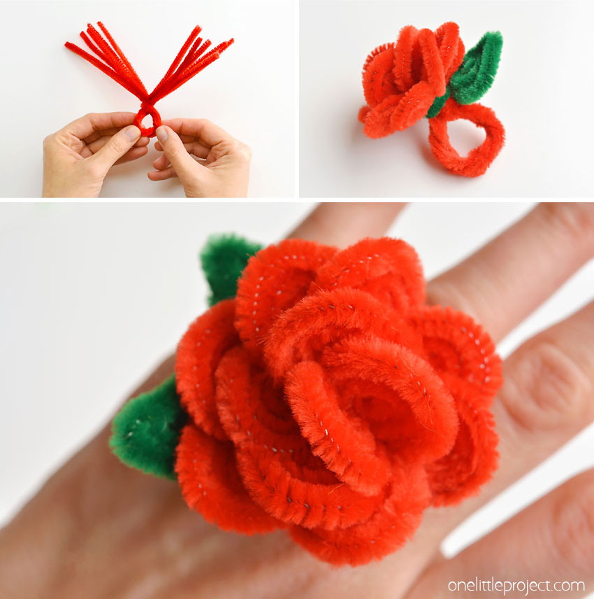 These pipe cleaner rose rings are so pretty and they're so easy to make! All you need are a few pipe cleaners and in less than 10 minutes you can make a beautiful homemade ring! This is such a great craft for kids, teens, tweens and even adults. It's a fun dollar store craft with zero mess. Wouldn't they be great for Valentine's Day!?