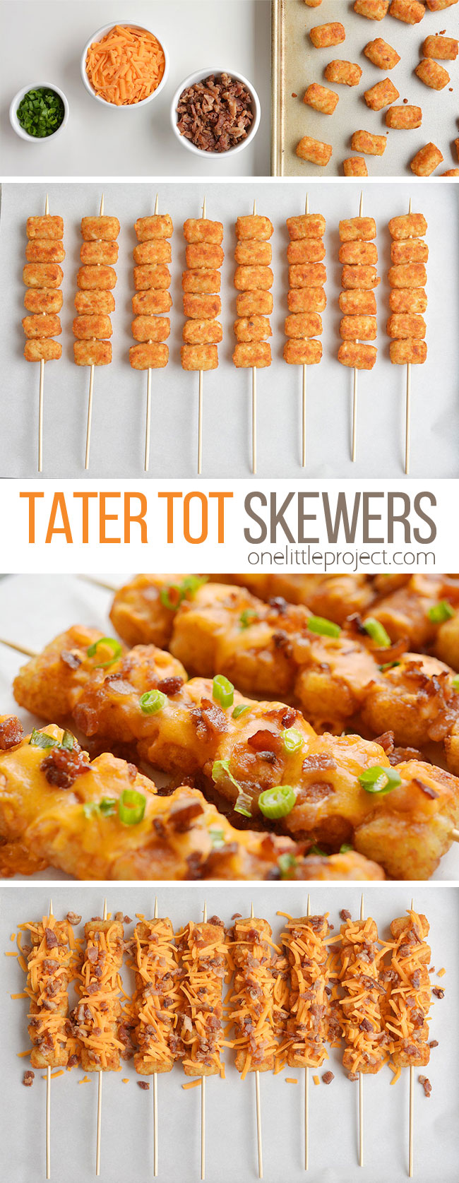 These loaded tater tot skewers are so delicious and they're really easy to make! This is such an easy appetizer recipe. It's great for game day and parties but it also makes a fun side dish for dinner. Loaded with cheese and bacon these are soooo good!