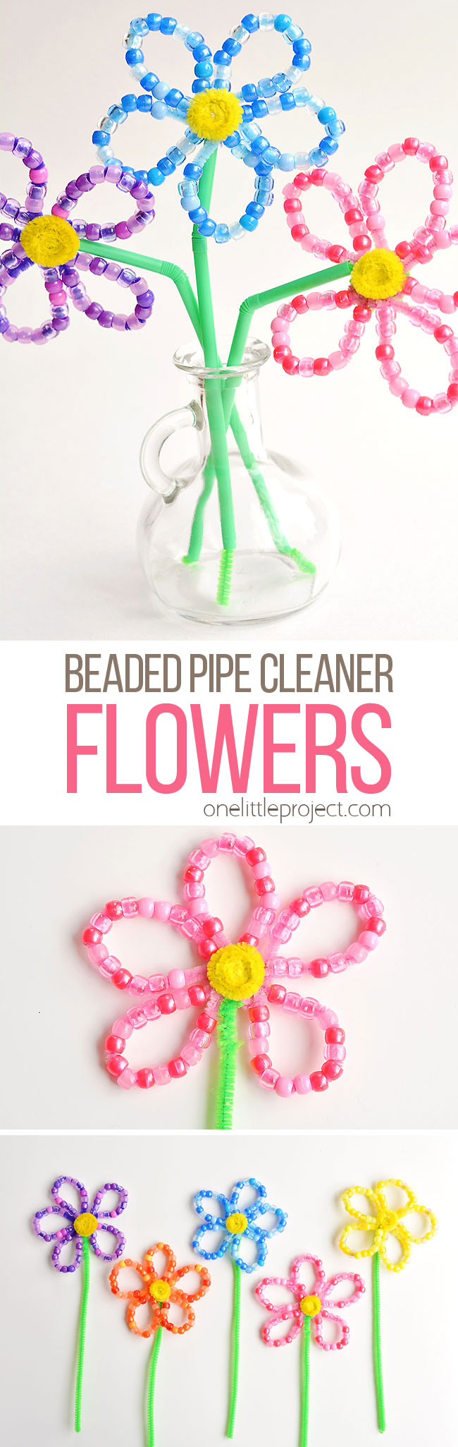 These beaded pipe cleaner flowers are SO PRETTY and they're really easy to make! This is such a fun kids craft and a great activity to develop fine motor skills. Each flower takes less than 10 minutes to make using simple craft supplies. This is a great spring craft or summer craft idea! Wouldn't they make an awesome homemade Mother's Day gift!?
