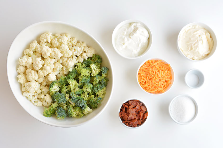 Ingredients for broccoli and cauliflower salad