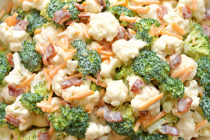 Broccoli & cauliflower salad closeup of finished salad