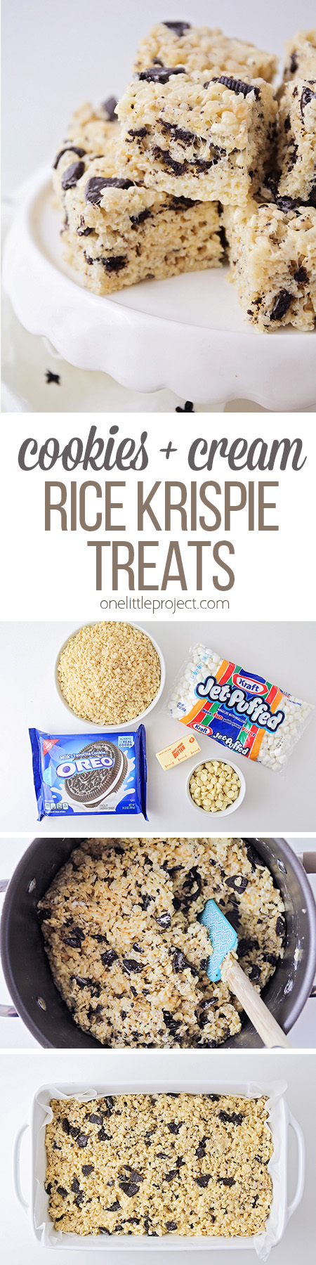 These cookies and cream rice krispie treats have only five ingredients, and taste amazing. They're so easy to make, and perfect for cooking with the kids!