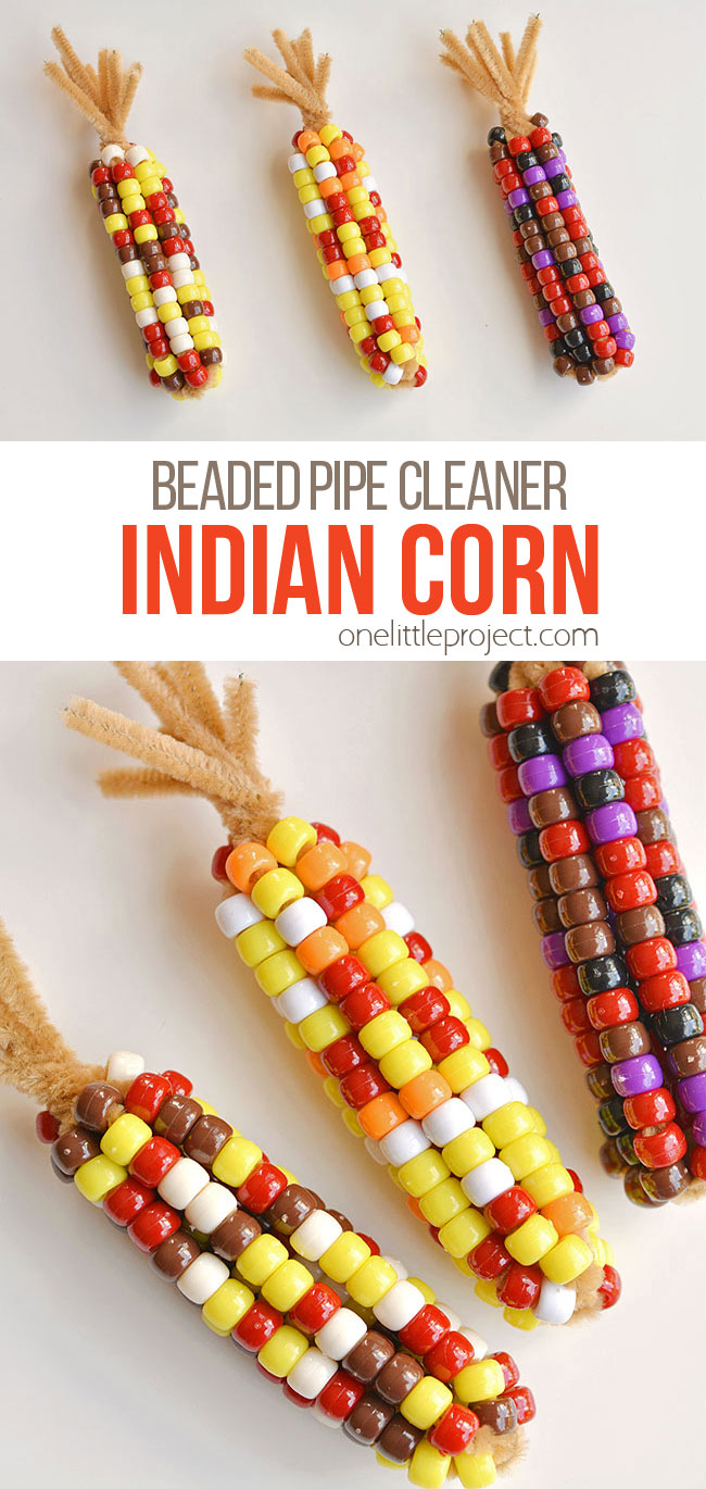 This beaded pipe cleaner Indian corn craft is SO FUN! And it's so simple to make. All you need are two simple supplies that you can usually find at the dollar store. This is such a fun and easy kids craft and a super fun Thanksgiving activity. It's a great craft for October or fall/autumn in general. I love how realistic they end up looking!