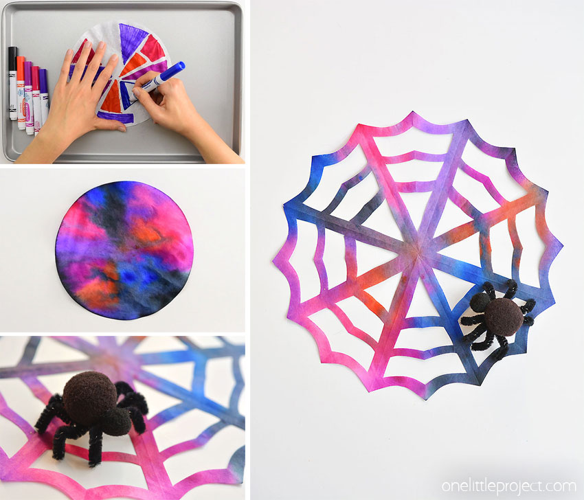 These coffee filter spiderwebs are SO EASY to make and they look AWESOME! The pipe cleaner and pom pom spider is so simple, but it really makes this Halloween decoration look amazing! This is such a fun Halloween craft for kids and a simple way to make some spooky Halloween decor!
