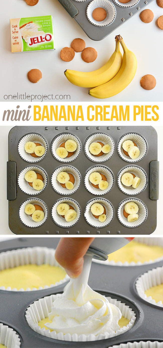 These mini banana cream pies are SO EASY to make and they taste so good! This is such an awesome family friendly dessert recipe! With only a few simple ingredients, they're rich, creamy and delicious! This is such a great make ahead dessert idea! and if you LOVE banana like we do, chances are you'll be making these yummy treats over and over again!