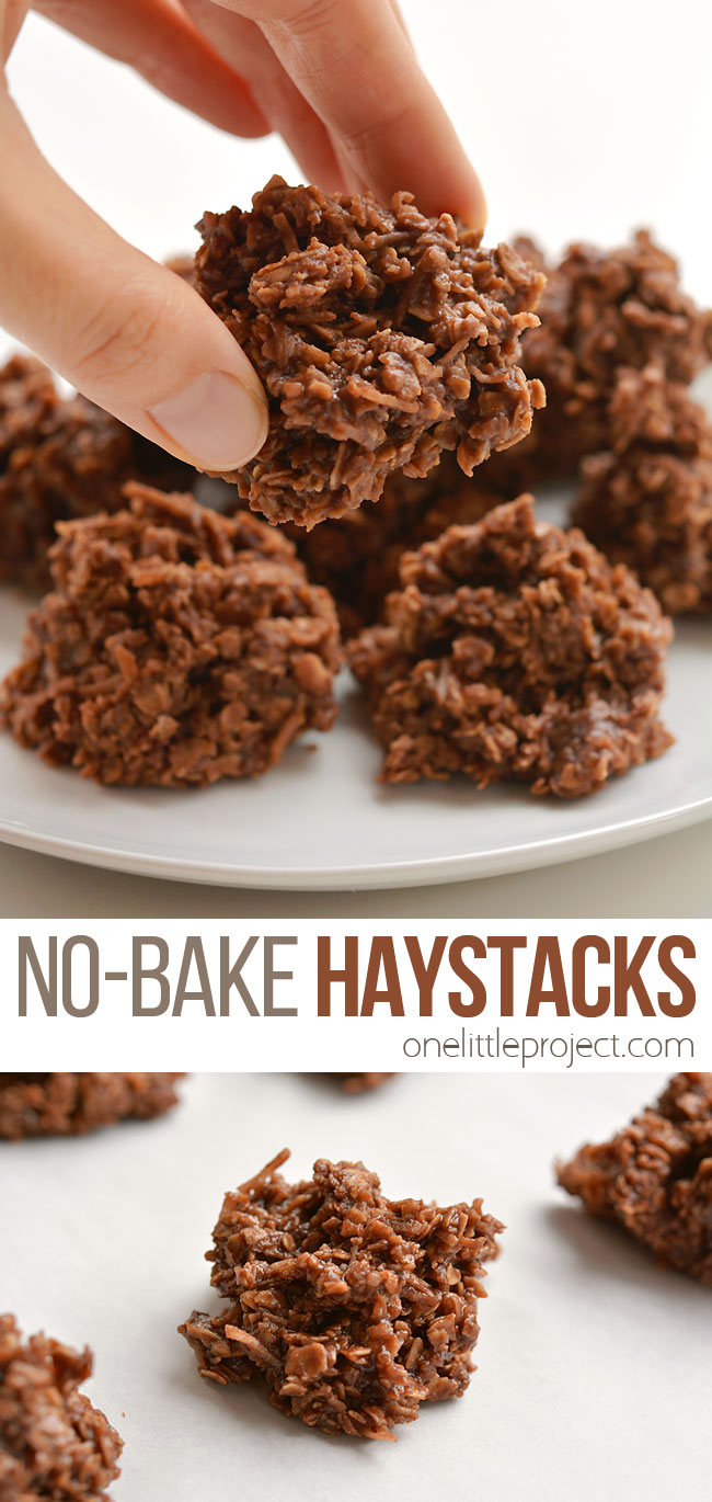 These no-bake chocolate haystacks cookies are SO EASY to make and they taste so good! This is such an awesome kid friendly snack recipe to make with the kids! Loaded with oats and coconut they make an excellent after school snack. They're hearty, reasonably healthy and kids love them! Plus they're super fast to put together!