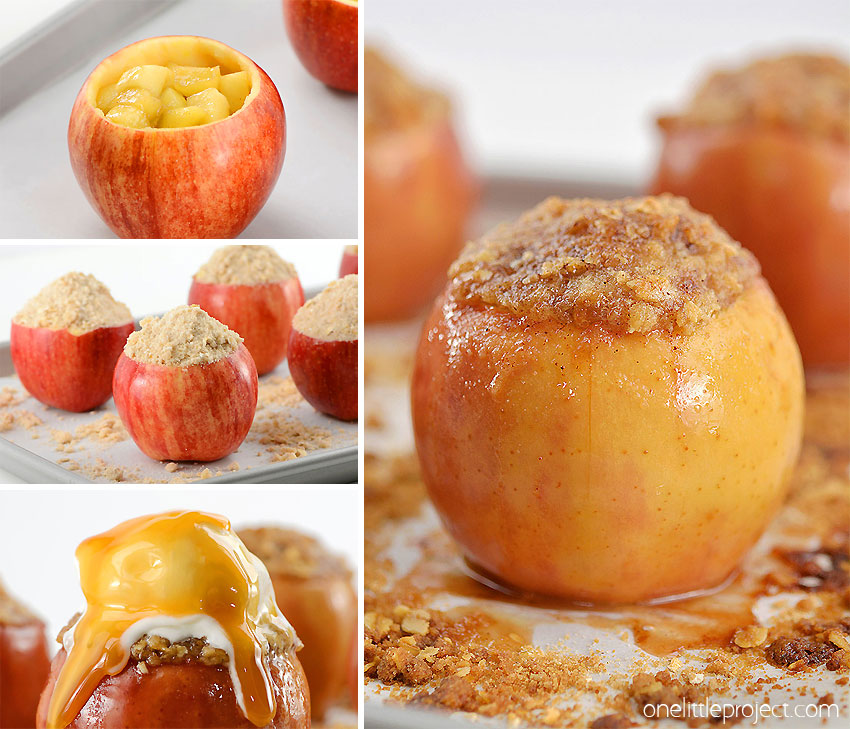 These apple crisp stuffed apples are SOOOO GOOD! This is comfort food at it's finest! Fill your hollowed out apple "bowls" with the warm, saucy apple filling and top with the buttery crumble. Then bake the apple crisp inside of the apple! Top it with vanilla ice cream and gooey caramel sauce - Delicious!!! Such a perfect fall dessert (and a very impressive dessert!) that the whole family will love!