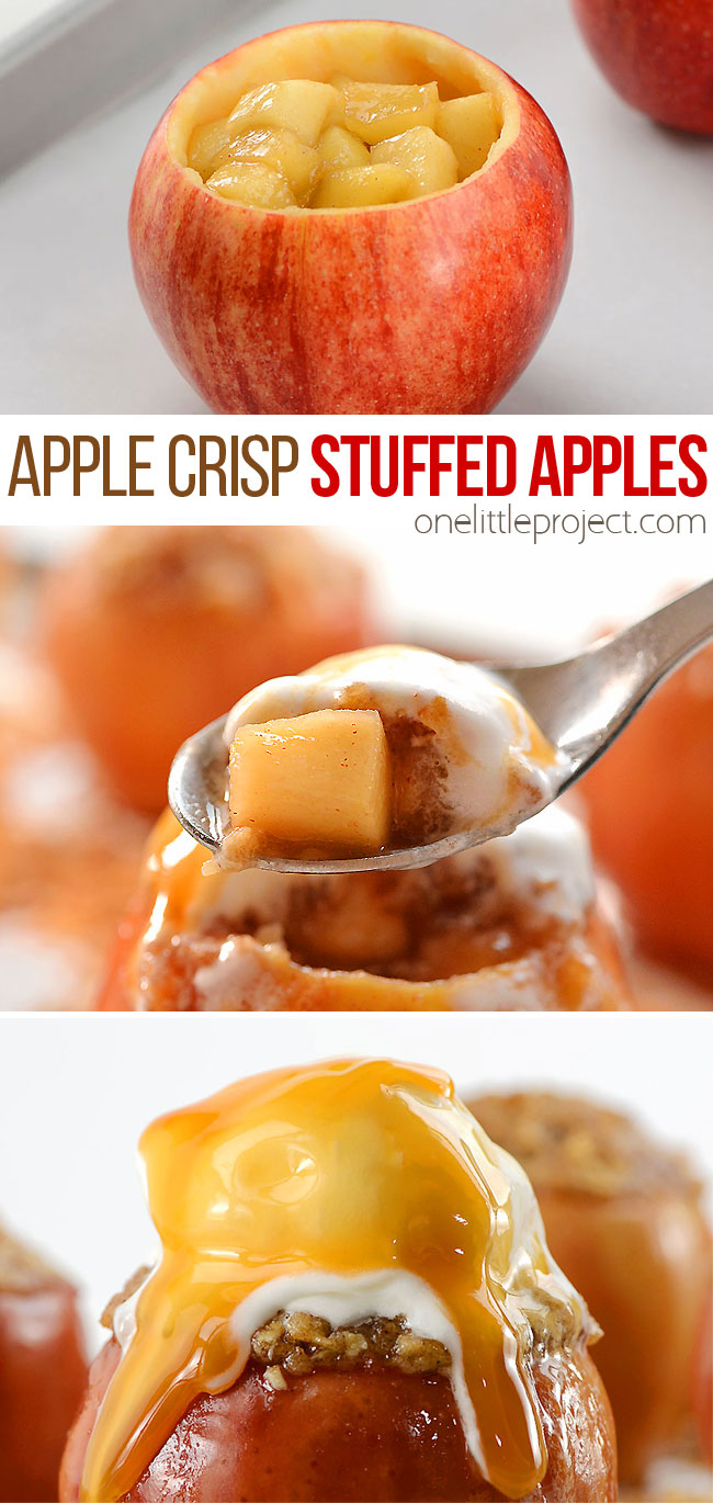 These apple crisp stuffed apples are SOOOO GOOD! This is comfort food at it's finest! Fill your hollowed out apple "bowls" with the warm, saucy apple filling and top with the buttery crumble. Then bake the apple crisp inside of the apple! Top it with vanilla ice cream and gooey caramel sauce - Delicious!!! Such a perfect fall dessert (and a very impressive dessert!) that the whole family will love!