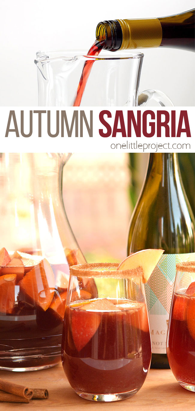 This recipe for autumn sangria is SO GOOD!! Infused with cinnamon and apples, this red wine sangria recipe is fruity, with just a hint of spice and tastes delicious! It's one of the easiest big batch cocktails you can make and by making it a day ahead there's no last minute rush. It has all the yummy flavours of autumn and is a crowd pleasing cocktail for any fall occasion, whether it's Thanksgiving, a get together with friends or just a relaxing evening at home.