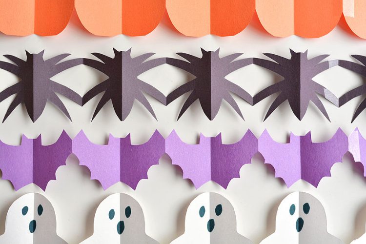 Pumpkin, spider, bat, and ghost Halloween paper garlands