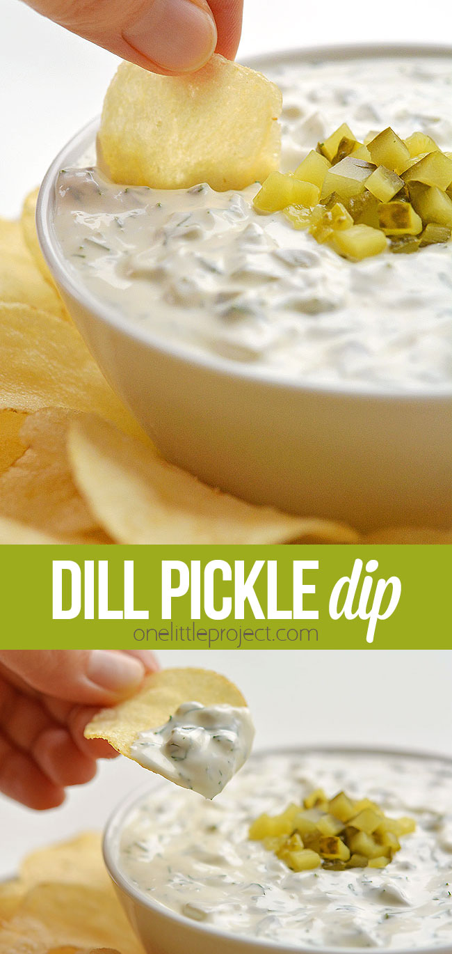 This quick and easy dill pickle chip dip recipe is DELICIOUS! Using simple and fresh ingredients you can make this dip in less than 10 minutes - and you can serve it right away! No need to wait! Serve it with your favourite potato chips and it's an easy snack for family movie night and a fun chip dip to serve on game night. Such a great appetizer recipe!