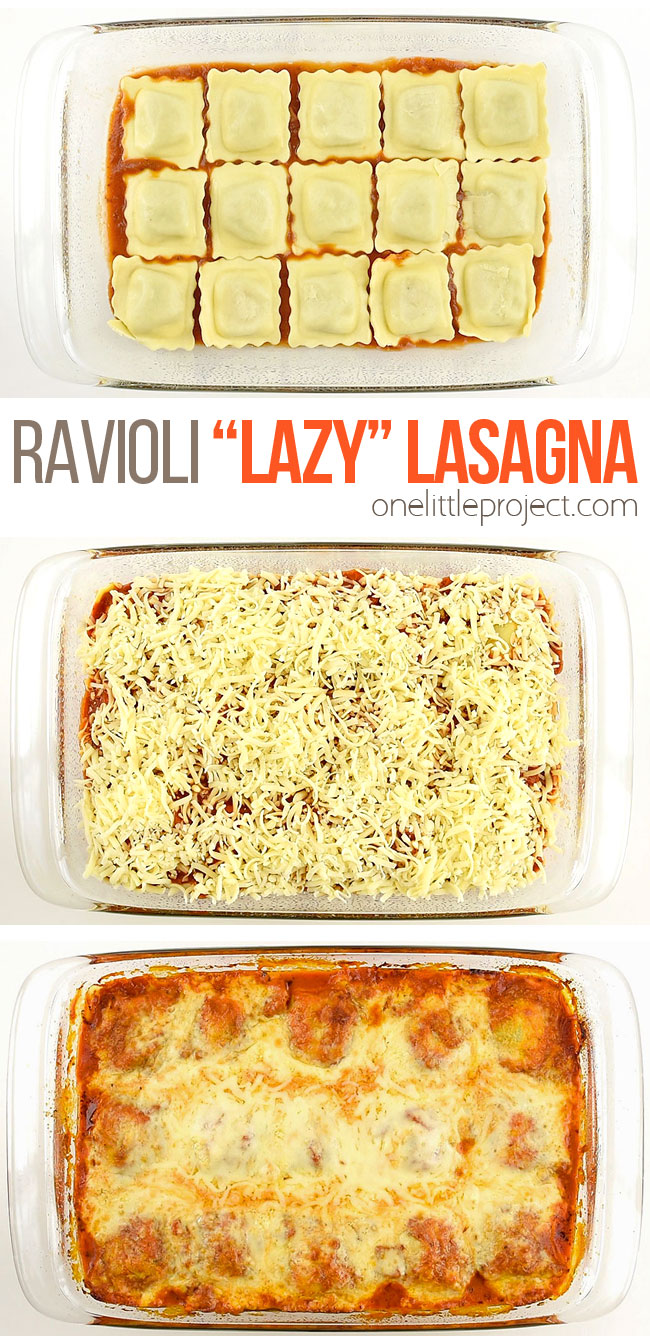 This quick and easy recipe for lazy lasagna with baked ravioli tastes SOOOO good!! It has all the flavours of a traditional lasagna, but you can assemble it in less than 10 minutes! This is such an awesome dinner recipe and such an easy weeknight dinner idea! This is a great vegetarian lasagna recipe, but you can easily add a meat sauce if you want to, or simply use meat ravioli to make it even more hearty! There are so many ways to mix it up!
