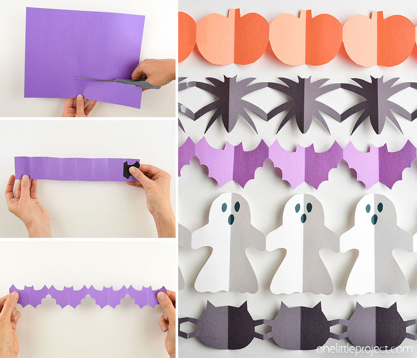 These Halloween paper garland cutouts are SO CUTE and surprisingly simple to make! This is such a fun Halloween craft for kids! Even teens, tweens, adults and seniors would have fun making them! They'd look great hung up on a door, on the walls, or even in the window! What a simple paper craft for kids and a great way to make some non-spooky DIY Halloween decor!