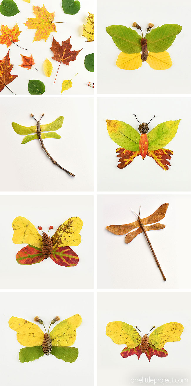 These autumn leaf butterflies and dragonflies are SO COOL and they're really easy to make! Go on a nature walk and see what fun leaves, flowers, pinecones, thistles, and sticks you can find. You can make all sorts of fun creatures from fall leaves! This Autumn nature craft is such a fun fall craft for kids! 