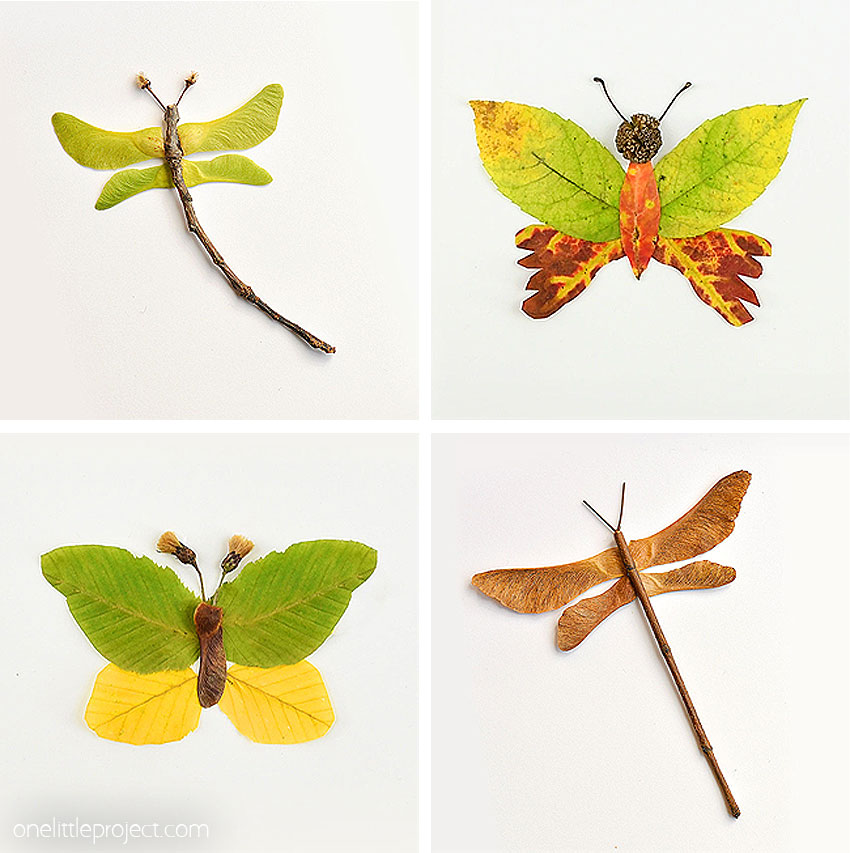These autumn leaf butterflies and dragonflies are SO COOL and they're really easy to make! Go on a nature walk and see what fun leaves, flowers, pinecones, thistles, and sticks you can find. You can make all sorts of fun creatures from fall leaves! This Autumn nature craft is such a fun fall craft for kids! 