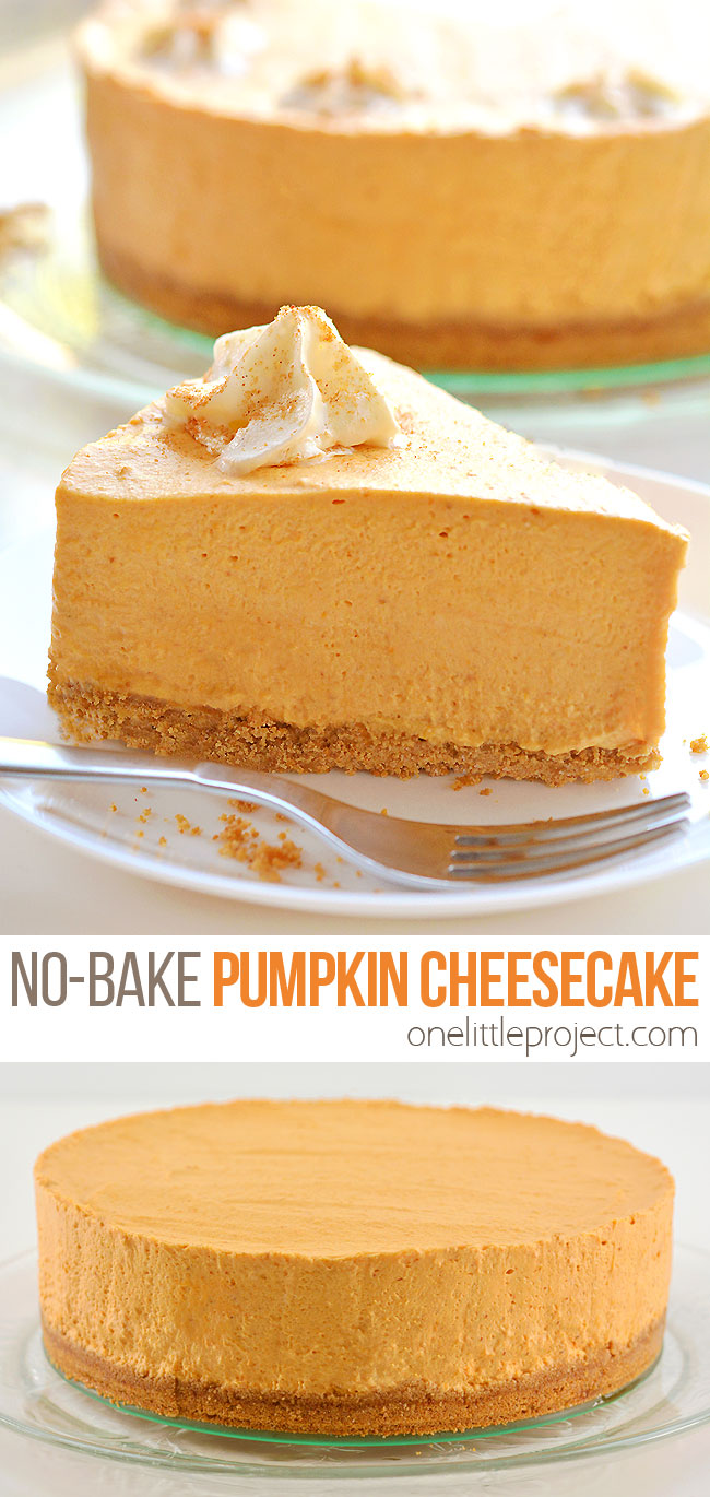 This no-bake pumpkin cheesecake is SO GOOD and it's really simple to make! It's so creamy and delicious! Loaded with all the best fall flavours, it's sure to become one of your favourite fall recipes. This is such an easy no-bake Thanksgiving dessert idea. With a delicious graham cracker crust, and the light and fluffy pumpkin filling, this easy dessert is so perfect for autumn!