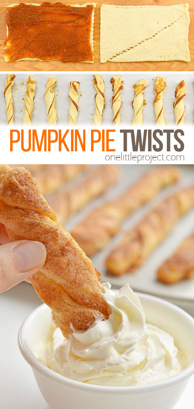 These easy pumpkin pie twists are SO GOOD and really simple to make. This is such a great fall dessert idea and a delicious treat for Thanksgiving or Halloween! They taste amazing sprinkled with cinnamon sugar, or you can dip them in a generous bowl of whipped cream. In less than 20 minutes you can whip up a batch of pumpkin deliciousness. Such a great pumpkin recipe!