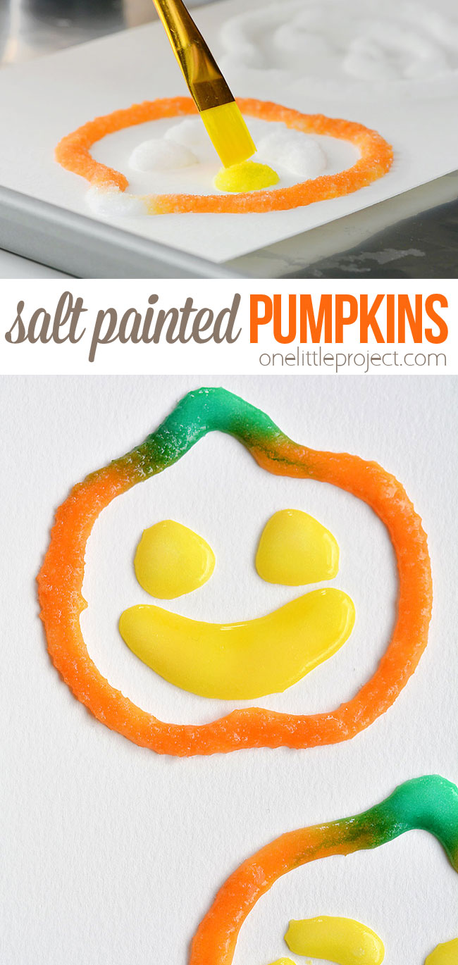 This salt painted Halloween craft is SO MUCH FUN! This is such a cool Halloween craft for kids! The shapes puff off the paper and end up looking 3D with a really cool crystal-like texture. You can make any shapes you like! There's even free pumpkin and spiderweb templates you can print off so you can easily make some spooky Halloween art!