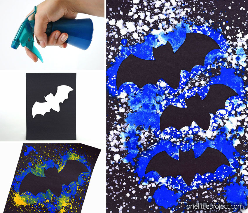 This splatter paint bat artwork is SO FUN to make! Using dollar store spray bottles and washable paint you can quickly make really awesome silhouette artwork of bats in the night sky! This is such a fun craft for kids and a great Halloween project! Such a fun way to learn about negative space at home or in the classroom.