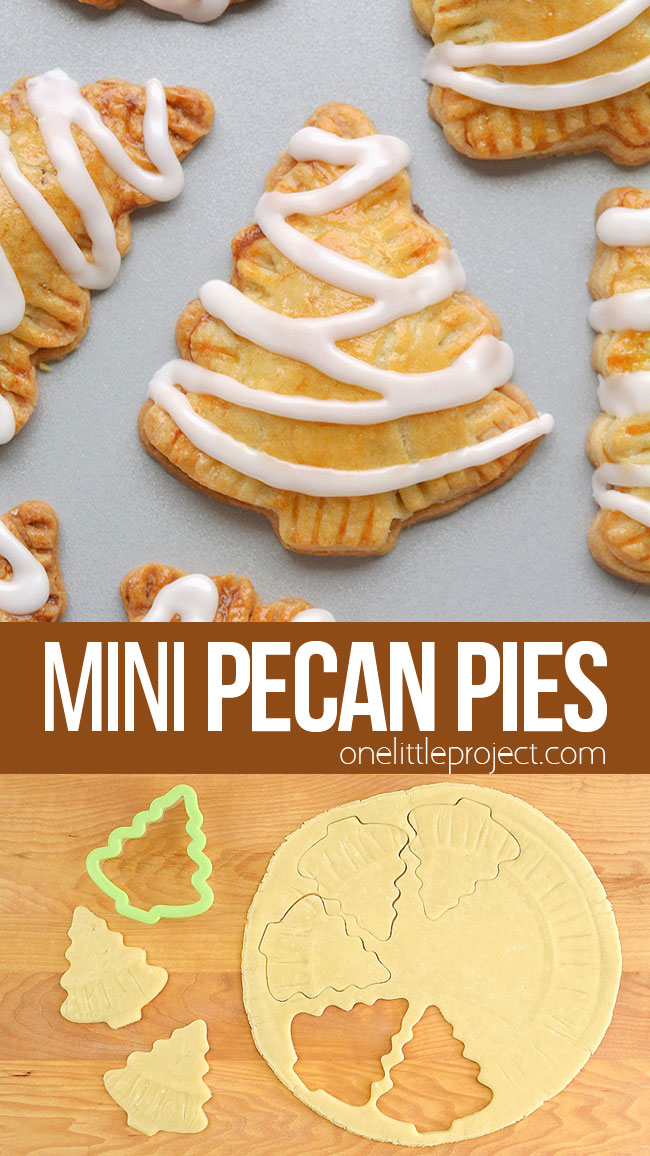 These holiday pecan hand pies shaped like little Christmas trees are SO DELICIOUS and are the perfect bite-sized dessert! Gooey pecan pie filling, warm pie crust and that amazing glaze makes the perfect Christmas treat! Using frozen pie crusts makes this Christmas dessert really simple to make! Such a fun treat to add to your list of Christmas baking ideas!